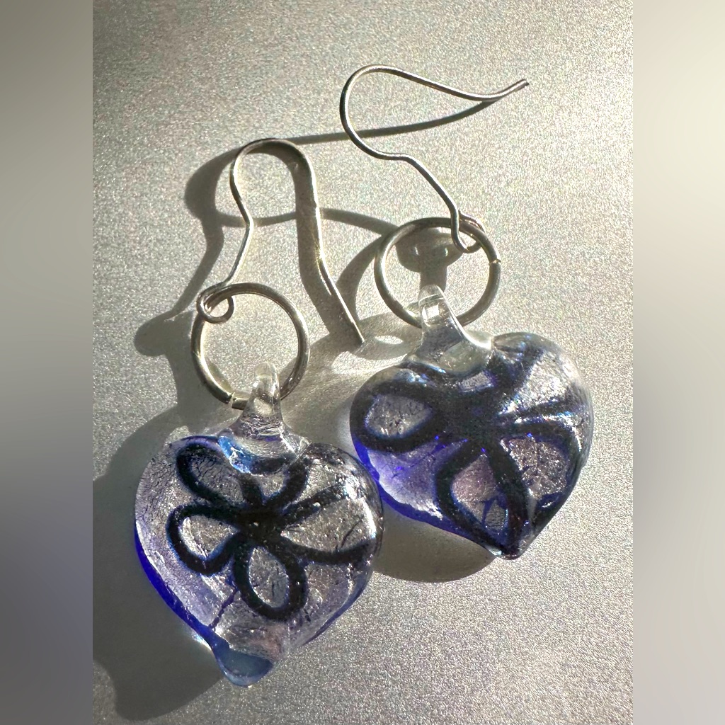 Artisan Handmade Fused Glass Heart Dangle Earrings Cobalt Blue Silver Foil Ooak